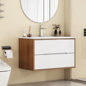 32-Inch Wall-Mounted Bathroom Vanity With Sink Combo, Double Drawers, Rounded Drawer Fronts,Soft-Close System,Ceramic Sink,Solid Wood,Easy to Ins