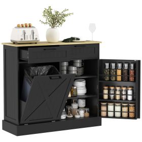 HOMCOM 10 Gallon Farmhouse Kitchen Cabinet with Hidden Trash Can and 2 Drawers, Tilt Out Trash Can Cabinet for Kitchen, Black