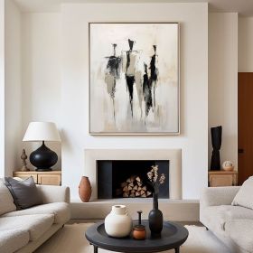 Hand Painted Original Beige Wall Art Black Oil Painting Contemporary Minimalist Art Minimalist Figure Painting Portrait Painting Custom Gift (Style: 01, size: 60x90cm)