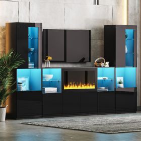 ON-TREND Modern TV Stand with 34.2" Non-heating Electric Fireplace, High Gloss Entertainment Center with LED Lights (Color: as Pic)